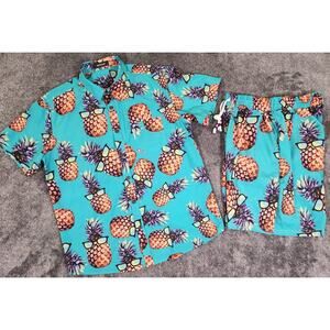 MCEDAR Blue Pineapple Graphic Print Set Mens M Button Up w Elastic Waist Shorts